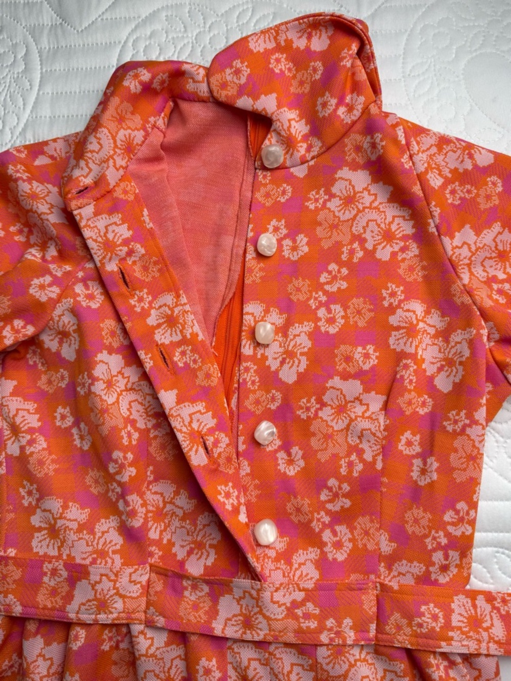 True Vintage Orange Pink White Floral Puff Sleeve Collar Mini Dress Small - Picture 7 of 10